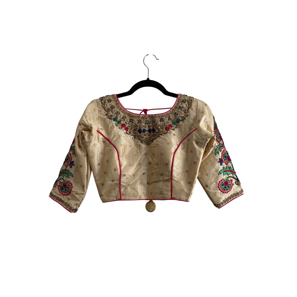 Gold Embroidered Saree Blouse Cream Floral Beaded Tassel Back Crop Top